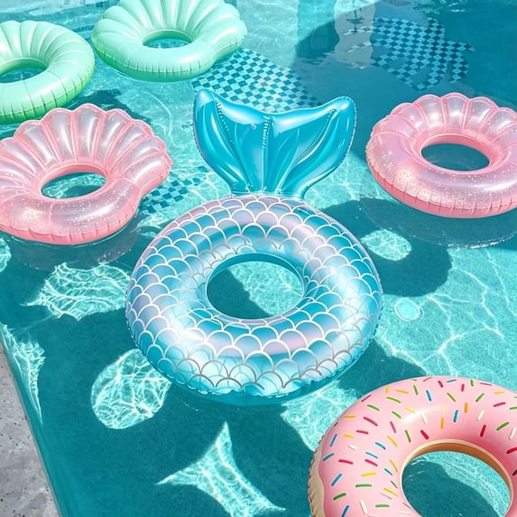 WWC Mermaid Pool Float, Glitter Inflatable Swimming Ring for Kids, Mermaid Tail Floatie for Summer Pool Party and Beach Water Activities