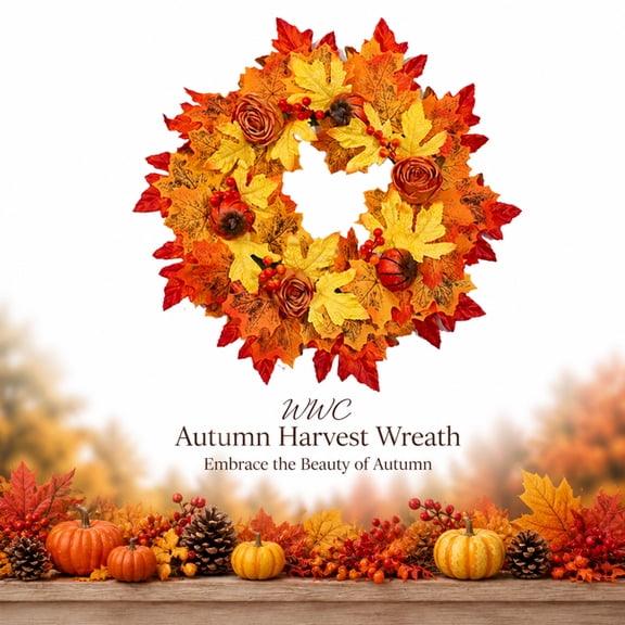 WWC Thanksgiving Wreath, Artificial Leaf Wreath with Roses Pumpkin, Autumn Harvest Fall Decor Farmhouse Wreath for Front Door Holiday Mantel