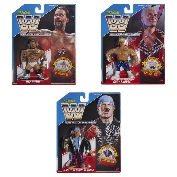 WWE 2026 Retros (Wave 1) Ringside Exclusive - Set of 3 (Jesse Ventura, CM Punk & Cody Rhodes) Mattel WWE Toy Wrestling Action Figures
