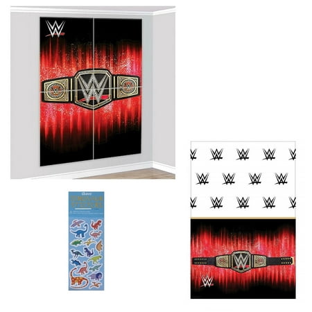 WWE Birthday Party Supplies Bundle includes 1 Scene Setter Photo Backdrop, 1 Plastic Table Cover, 1 Dinosaur Sticker Sheet