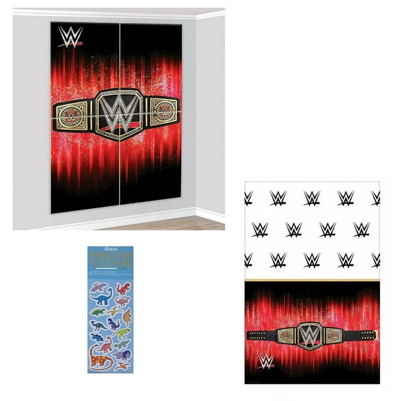 WWE Birthday Party Supplies Bundle includes 1 Scene Setter Photo Backdrop, 1 Plastic Table Cover, 1 Dinosaur Sticker Sheet