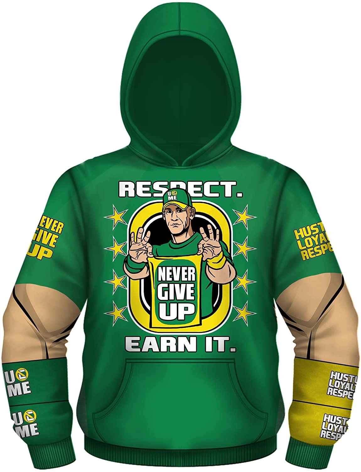 WWE Boys John Cena Hoodie Printed Never Give Up Wrestling Sweatshirt Green L