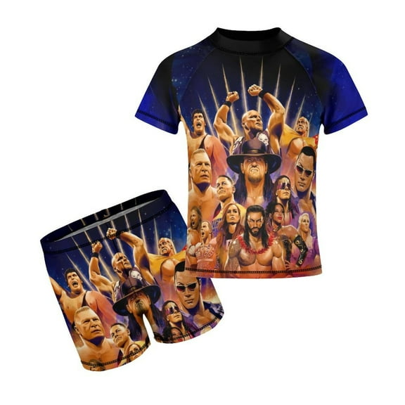 WWE Boys Rash Guard Set 2 Piece Swimsuits Short Sleeve Bathing Suits with Trunks