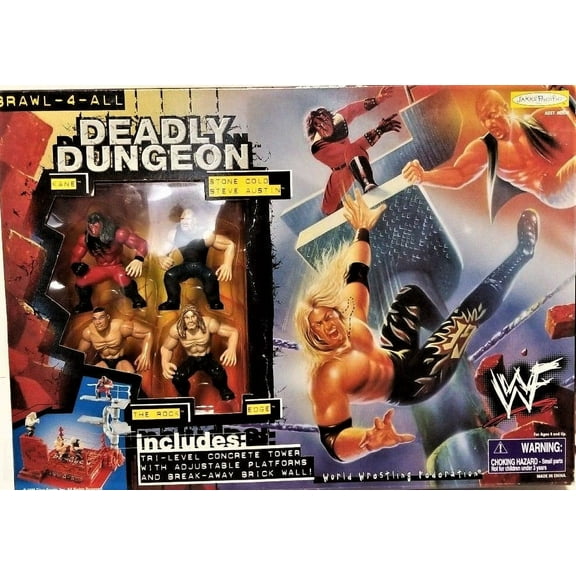 WWE JAKKS Set of 4 Deadly Dungeon Action Figs w/ Tri Level Tower and Brick WallListed for charity