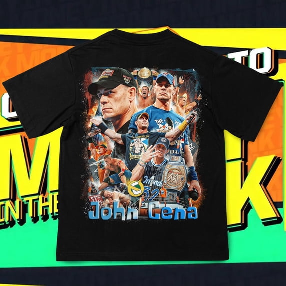 WWE John Cena Career Tribute T-Shirt – 16x Champion Collage Graphic – Never Give Up Fan Tee,Black Color,Size 3XL