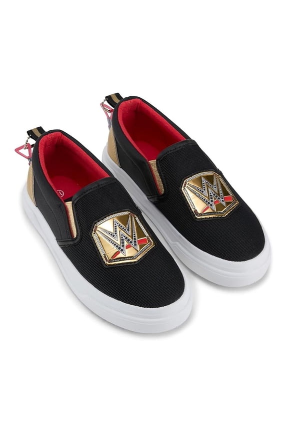 Men's Sneakers, Printed World Wrestling Champion Belt Slip-on Canvas Shoes Black - 9