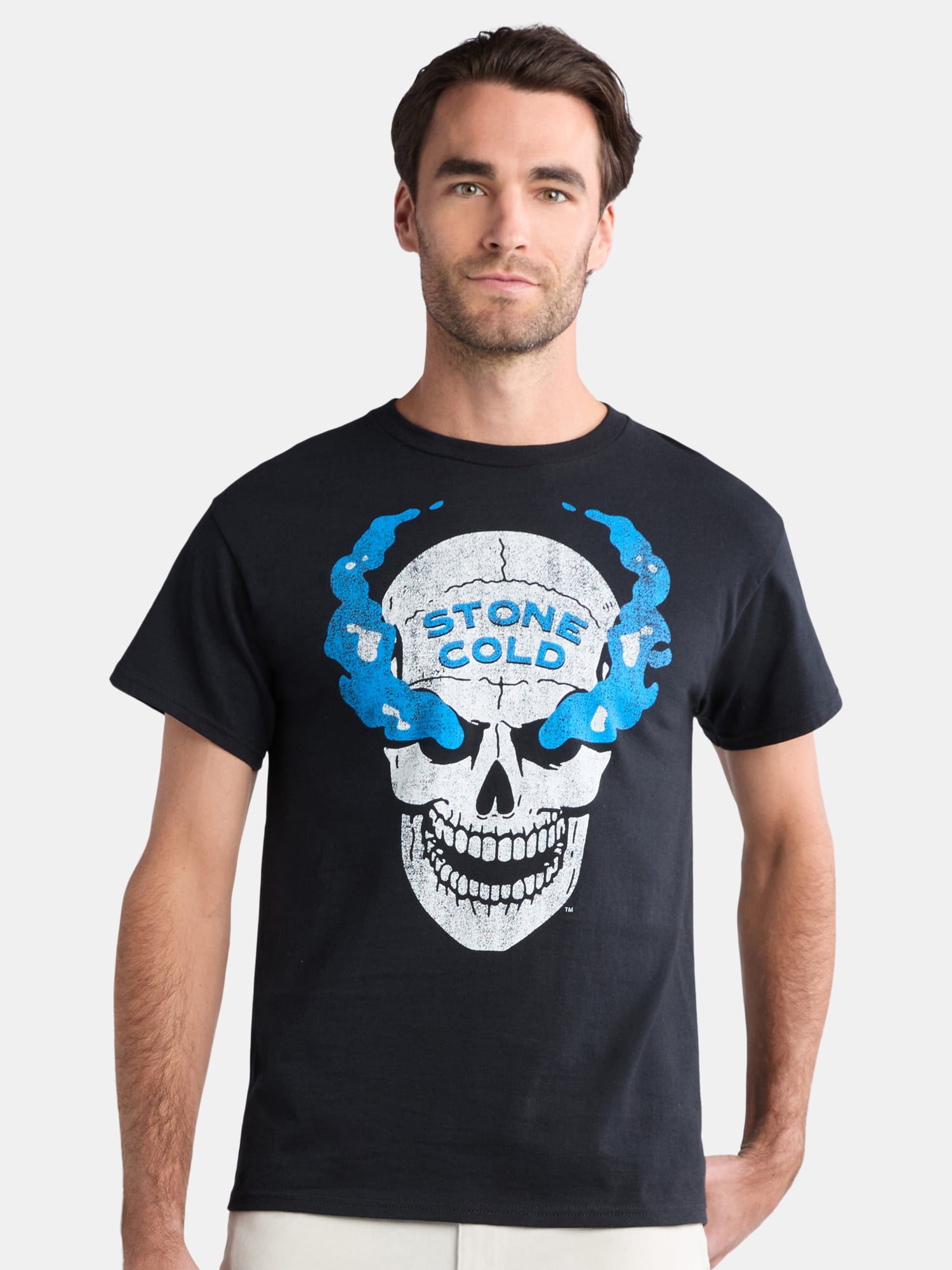 WWE Men's and Big Men's Stone Cold Blue Smoke Skull Graphic Tee, Sizes S-3XL