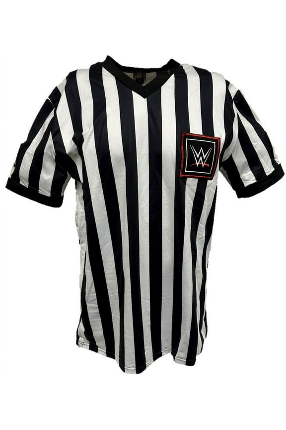 WWE Red Logo Monday Night Raw Referee Shirt, Black and White Stripe, XL