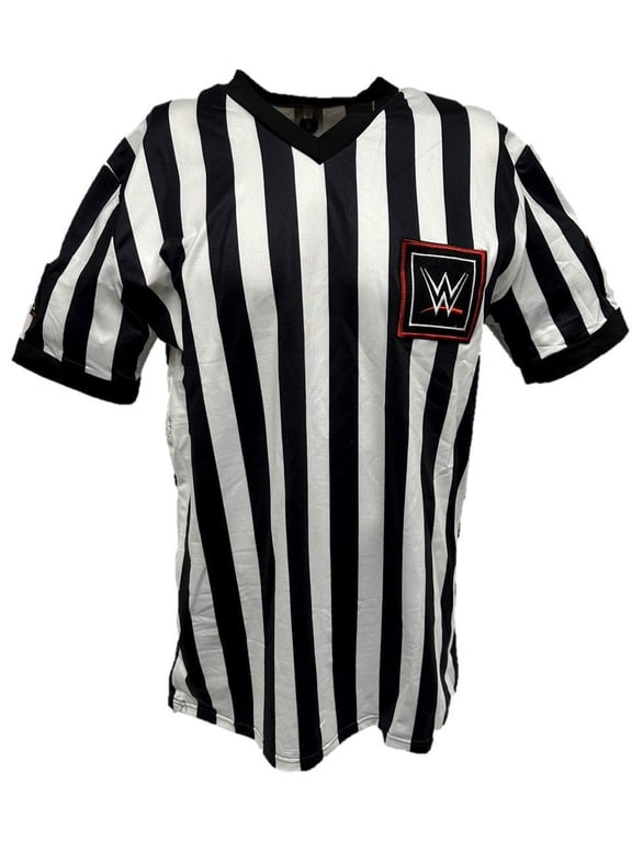 WWE Red Logo Monday Night Raw Referee Shirt, Black and White Stripe, XL