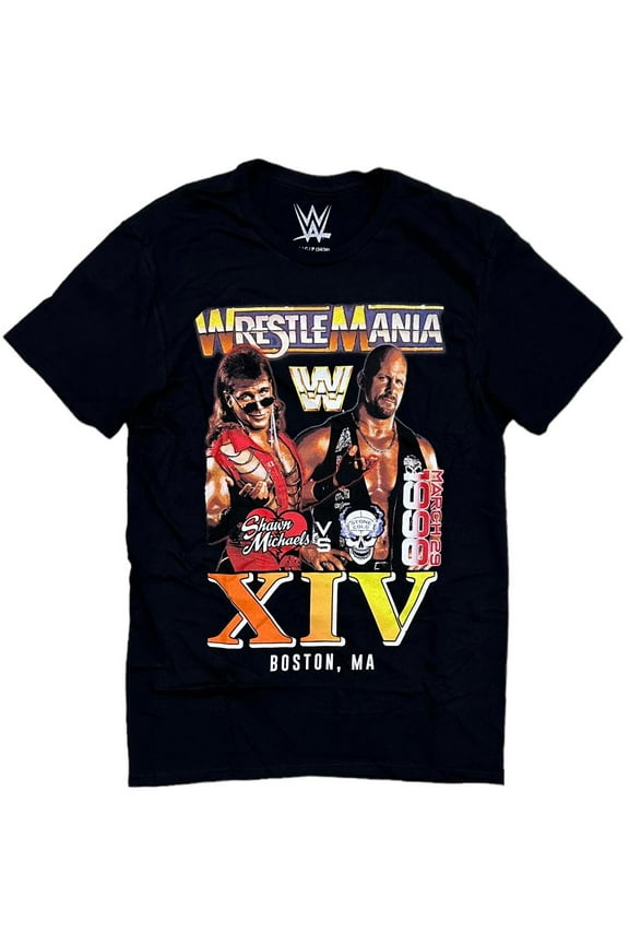 WrestleMania XIV Men's T-Shirt Shawn Michaels Vs Stone Cold Steve Austin Tee (Medium, Black)