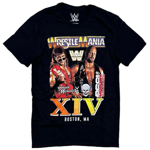 WWE WrestleMania XIV Men's T-Shirt Shawn Michaels Vs Stone Cold Steve Austin Tee (Small, Black)