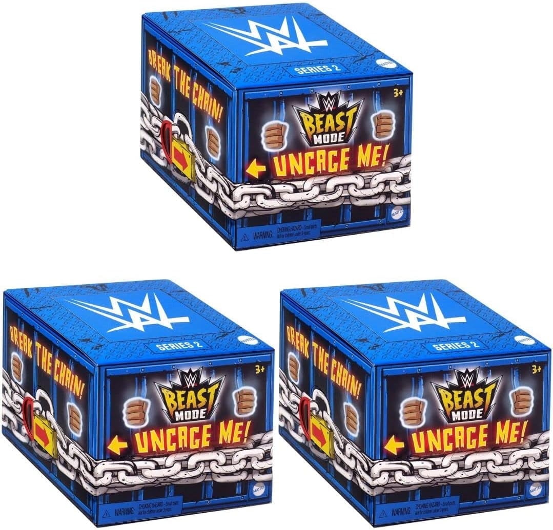 Mattel WWE Beast Mode Series 2 Mystery Pack (Pack of 3) 3 Blind Box Figures with Beast Mode Animal Companions, Cage-Themed Packaging, Ages 3+
