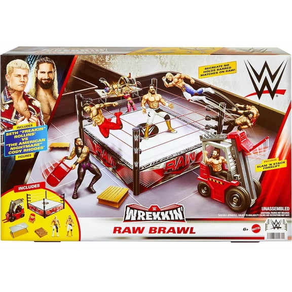WWE Wrestling Wrekkin' RAW Brawl Ring Playset (with Cody Rhodes & Seth Rollins Action Figures!)