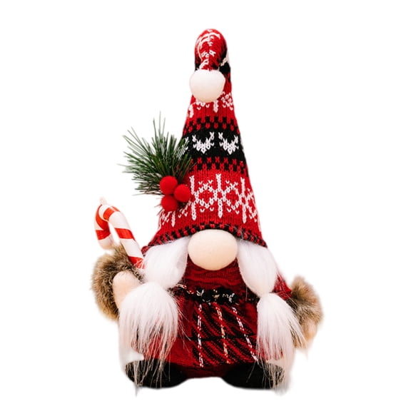 WWG 24cm Garden Christmas Gnome Figurine with Knitted Hat Faux Fur Beard Red Plaid Outfit Candy Cane Indoor Holiday Decor for Mantel Table Shelf Christmas Home Decor