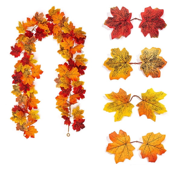 WWG Artificial Maple Leaf Garland, Faux Fall Vine Garland for Halloween Thanksgiving Decorations, Flower Garland with Flexible Metal Wire Stems, Reusable Indoor Outdoor Party Decor