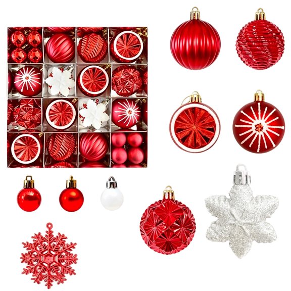 WWG Assorted Christmas Tree Hanging Ornament Set, Textured Baubles & Snowflake Pendants, 35 Piece Plastic Ornament Kit with Ribbed Spherical, Divided Storage Box,Hanging Cap for Christmas Tree Decor