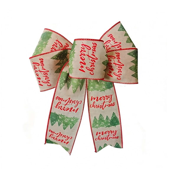 WWG Christmas Bow Wreath Bow, Linen Textured Wired Ribbon Christmas Bow, Merry Christmas Tree Snowflake Patterns, Holds Shape Well, Red Stitching, Versatile for Wreaths Front Door Christmas Tree