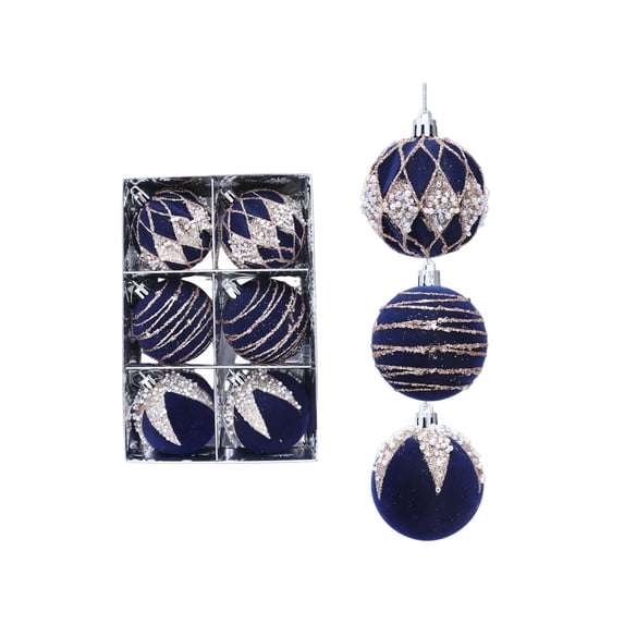WWG Christmas Tree Ornaments Set, Flock Christmas Balls Decorations, 6Pcs Christmas Tree Hanging Ornaments with Caps and Rope, for Christmas Tree Holiday Decor, Indoor Christmas Decorations