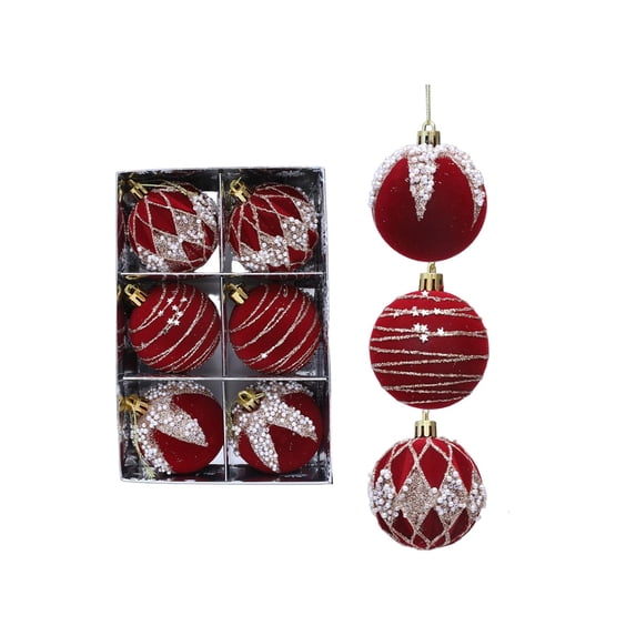 WWG Christmas Tree Ornaments Set, Flock Christmas Balls Decorations, 6Pcs Christmas Tree Hanging Ornaments with Caps and Rope, for Christmas Tree Holiday Decor, Indoor Christmas Decorations