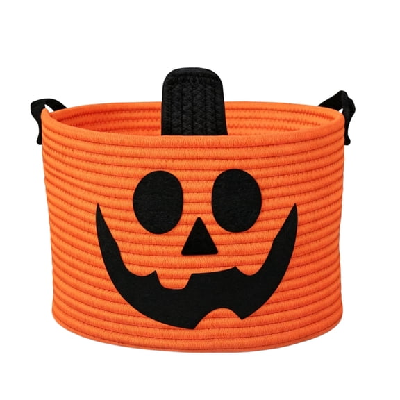 WWG Halloween Pumpkin Storage Basket, Coiled Rope Woven Basket with Handles, 12x8 inch Multipurpose Organizer, for Candy, Decor, Home Decor