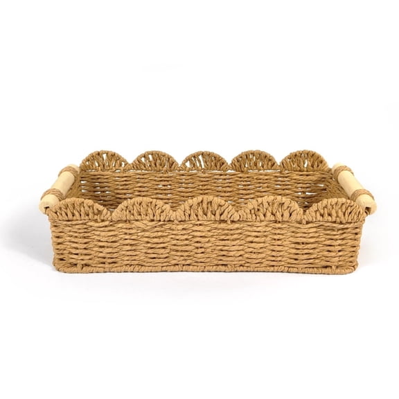 WWG Imitation Woven Storage Basket Tray, Flat Base with Carry Handles, Plastic Serving Tray for Organizing, Decorative Home Decor, for Kitchen Dining Room Living Room