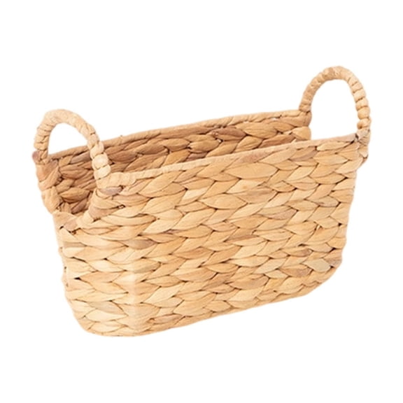 WWG Plastic Woven Storage Basket, Hand Woven Imitation Hyacinth Strips, 11.81x4.53x7.48 Inch, Integrated Thick Handles, Spacious Rectangular Body, for Bathroom Kitchen Desk Decor, Includes 1 Basket