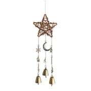 WWG Rattan Woven Five Point Star Christmas Ornament, Hollow Star Hanging Decoration with Antique Metal Bells, Snowflake Musical Note Pendants, Top Hanging Chain, for Christmas Tree, Front Door