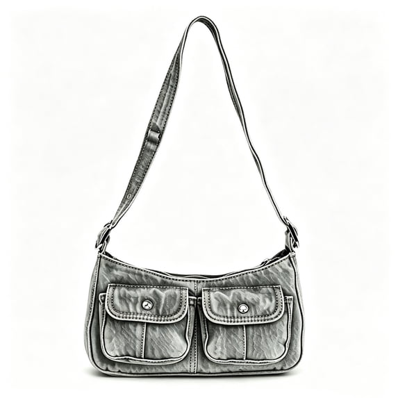 WWG Washed Denim Shoulder Bag, Casual Crossbody Purse with Adjustable Strap, Two Front Snap Pockets, Large Zippered Main Compartment, Lightweight Soft Fabric, for Daily Commute Shopping Travel