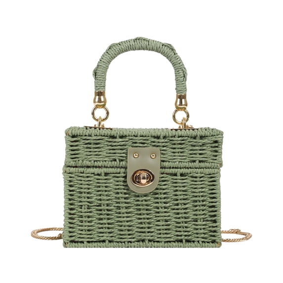 WWG Woven Paper Box Handbag, Crossbody and Handbag Two Way Carry, Detachable Chain Strap, Turn Lock Closure, Compact Mini Purse, for Summer Travel Beach Shopping