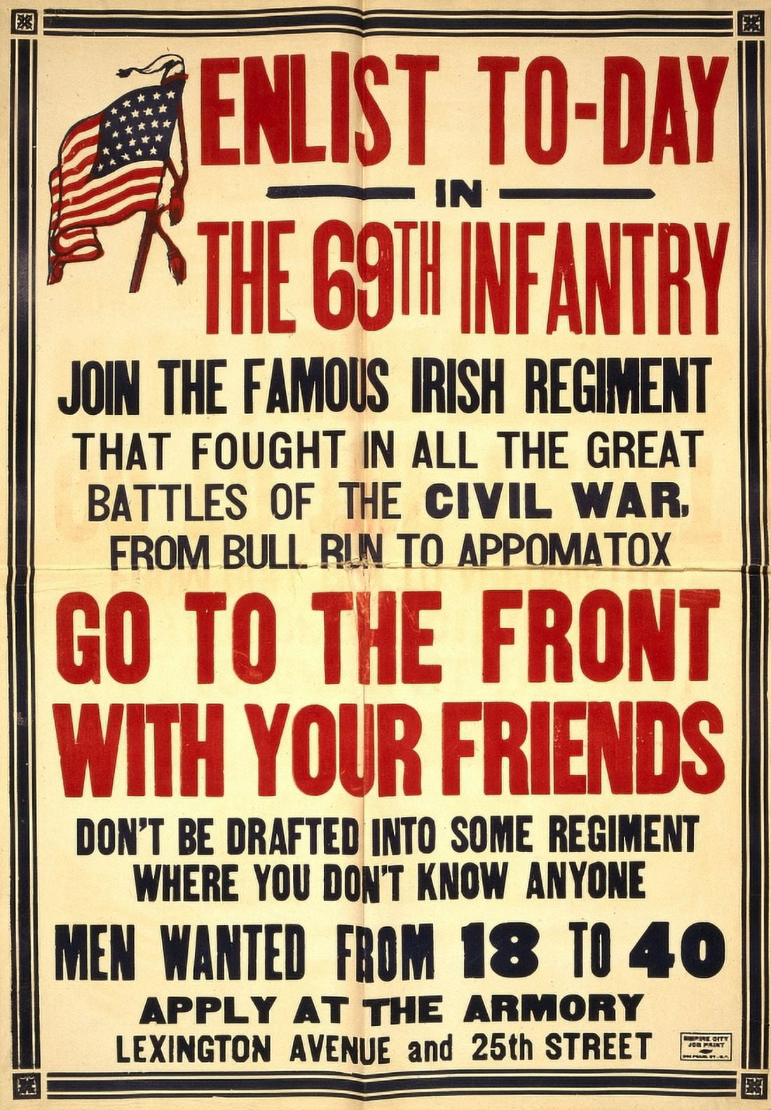 WWI Enlist To Day In The 69th Infantry Join The Famous Irish Regiment [ Canvas Art - (24 x 36)