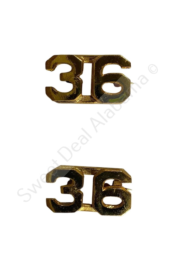 WWI Era Numeric "36", Brass Military C-Clasp Hat / Lapel / Collar Pins Set 3/8"H