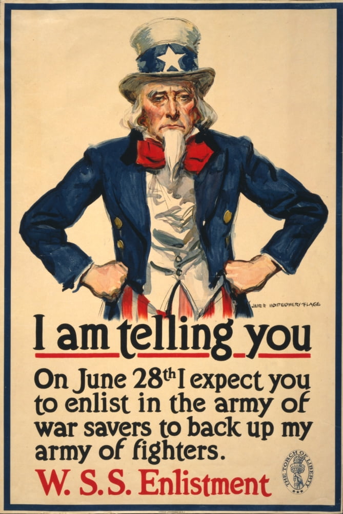 WWI Poster 1918 Uncle Sam I am telling you to enlist Canvas Art - James Montgomery Flagg (24 x 36)