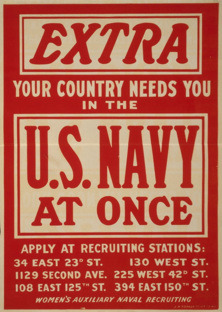 WWI Recruitment Poster 1914-18 Extra Your Country Needs You in the US Navy at Once Canvas Art - Unknown (18 x 24)