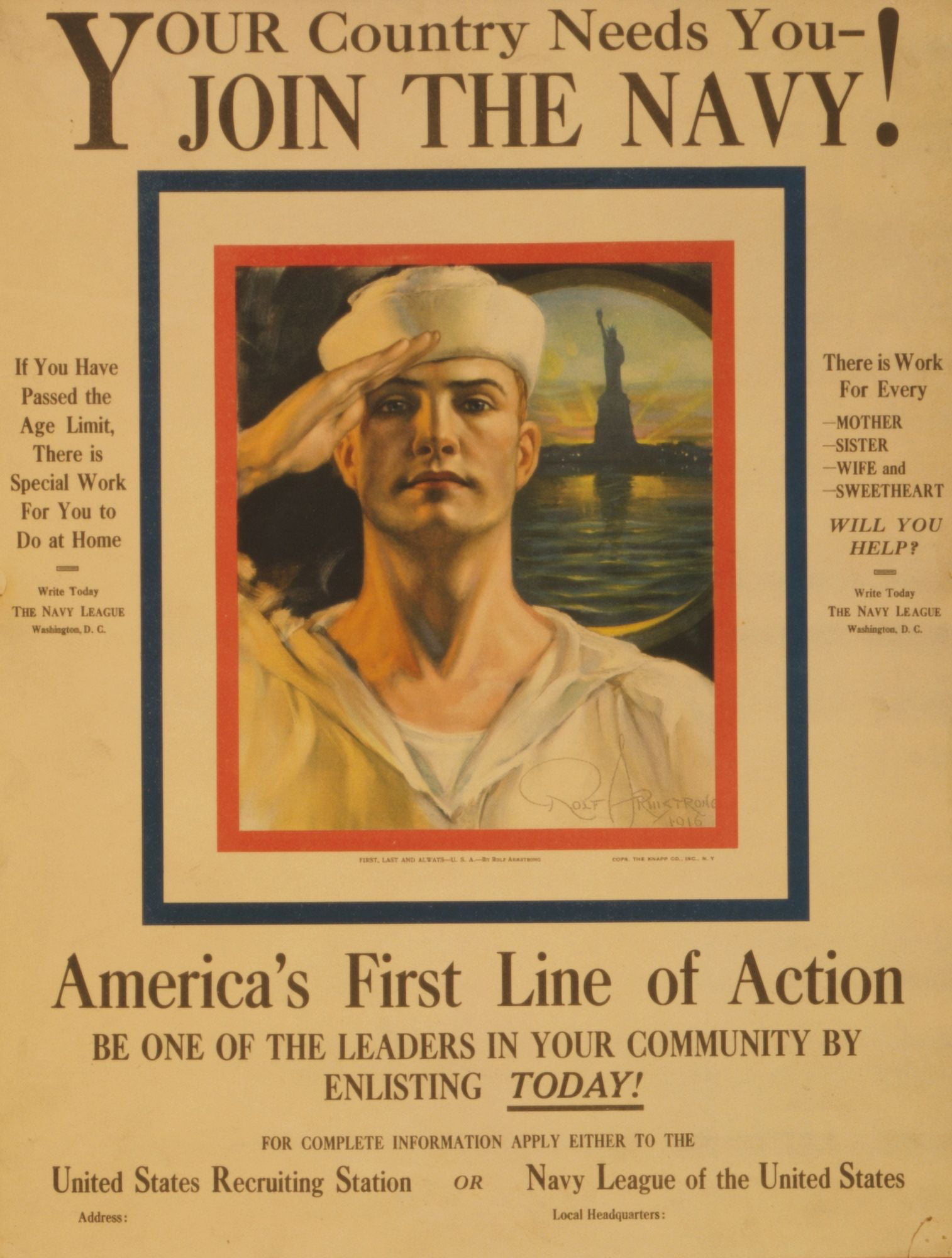 WWI Recruitment Poster 1914 Join the Navy Canvas Art - Rolf Armstrong (18 x 24)