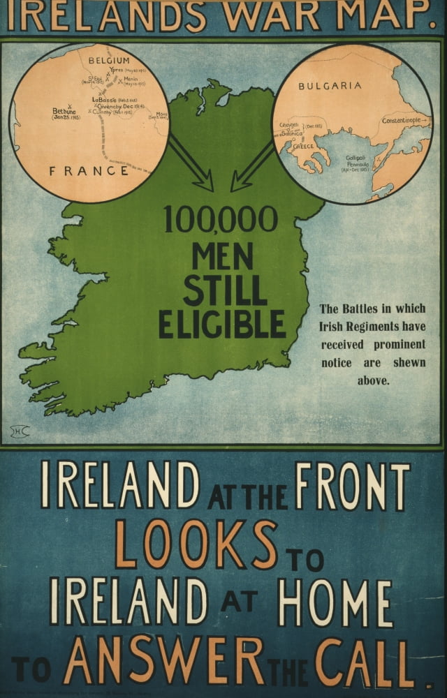 WWI Recruitment Poster 1915 Irelands War Map Canvas Art - Unknown (18 x 24)
