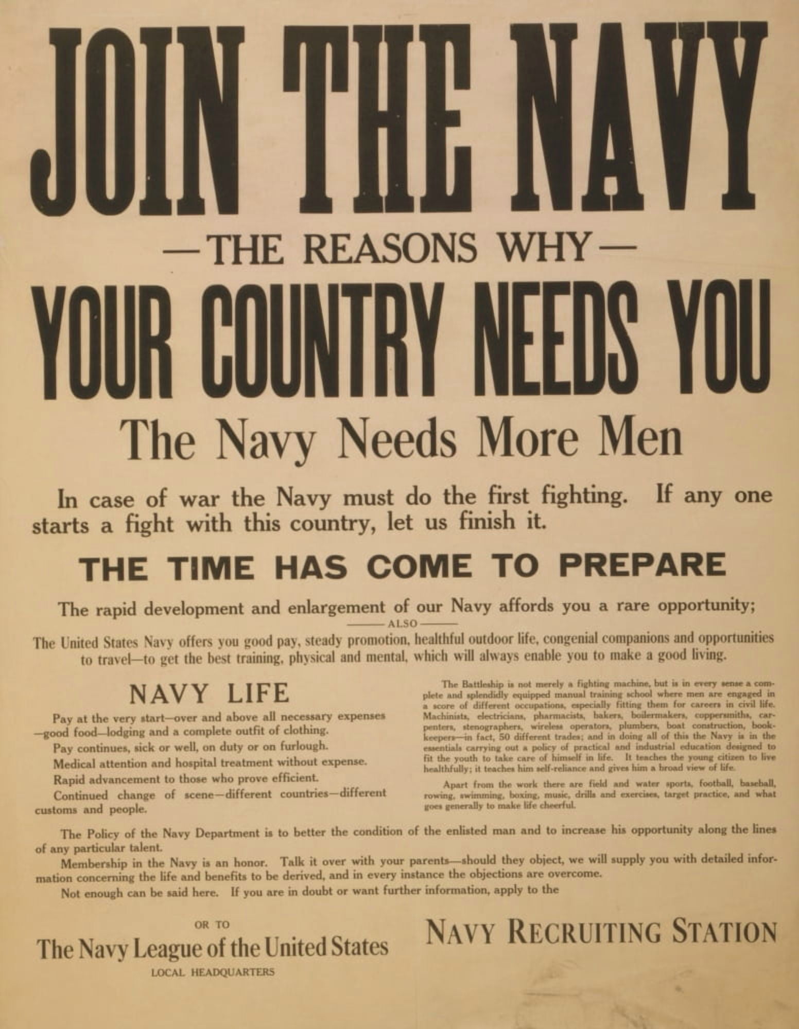 WWI Recruitment Poster 1917 Join the Navy Your Country Needs You Canvas Art - Unknown (24 x 36)