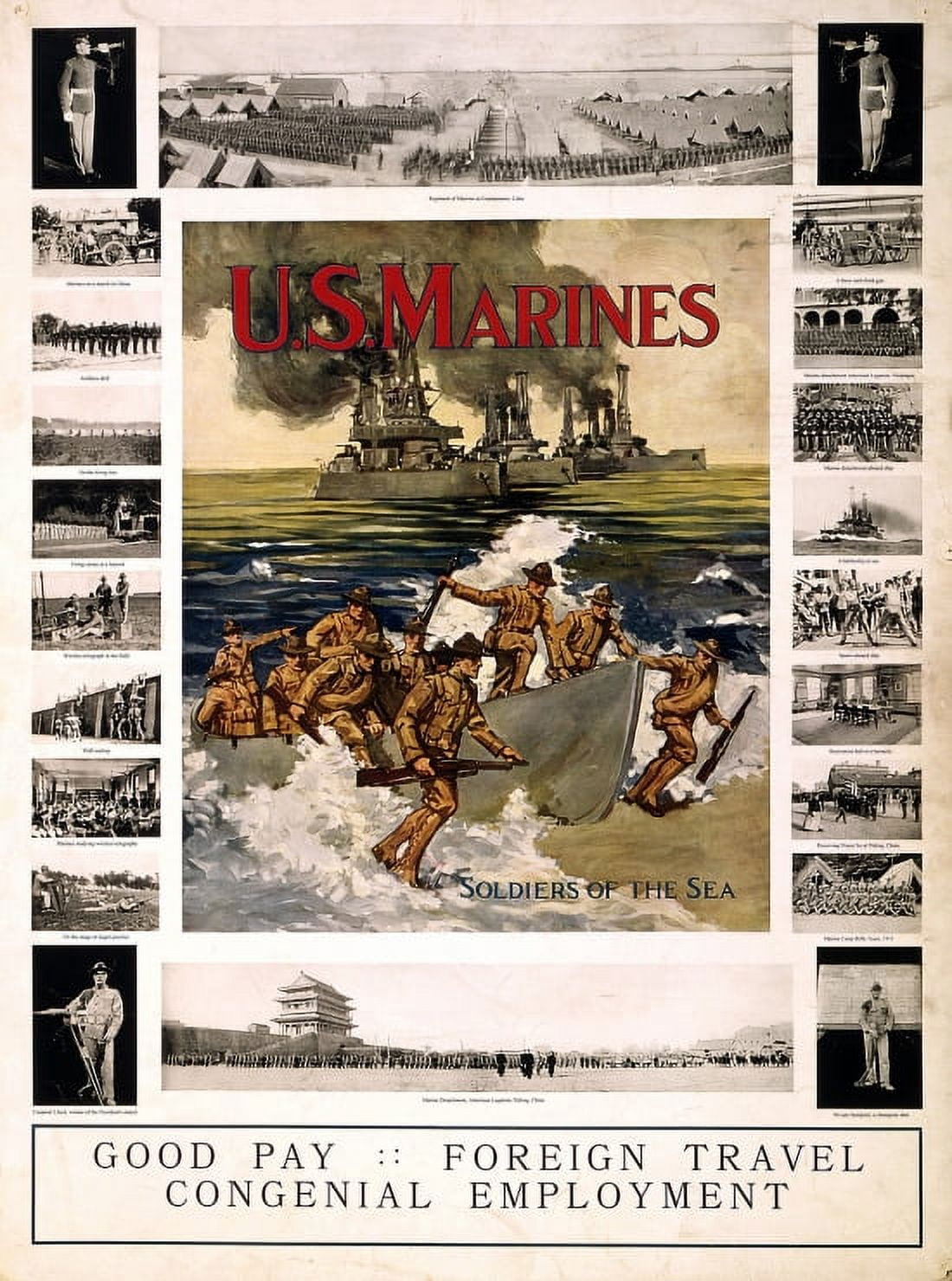 WWI US Marines Soldiers Of The Sea Good Pay Foreign Travel Congenial Canvas Art - (18 x 24)