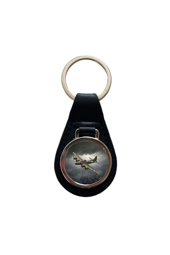 WWII B-17 Flying Fortress Heavy Bomber US Air Force Metal Black Leather Keychain