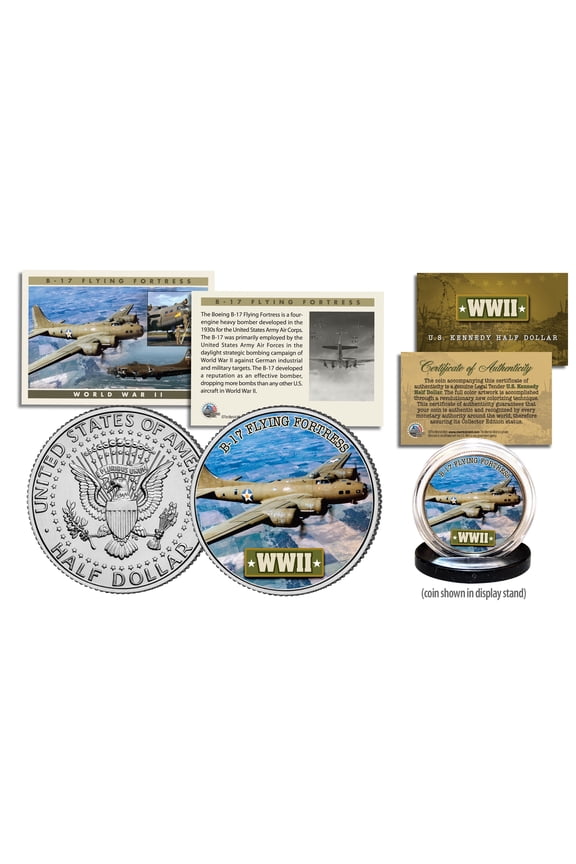 WWII * B-17 Flying Fortress Plane * JFK Kennedy Half Dollar US Coin w/ Fact Card