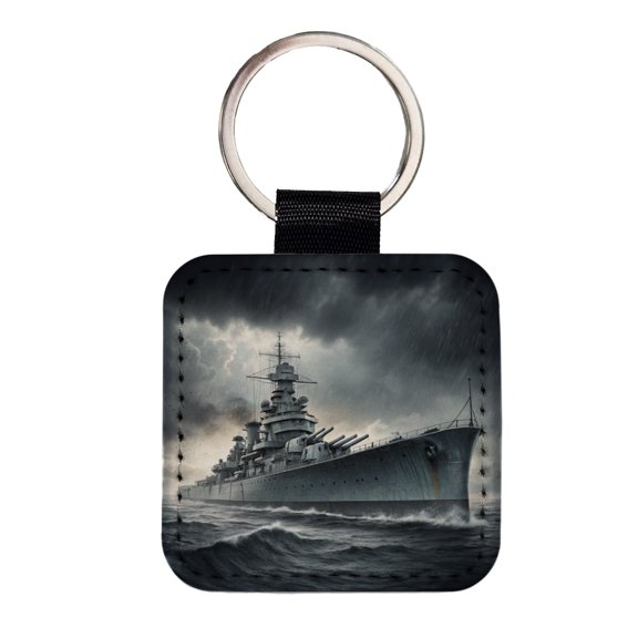 WWII Battleship At Sea Faux Leather Square Keychain