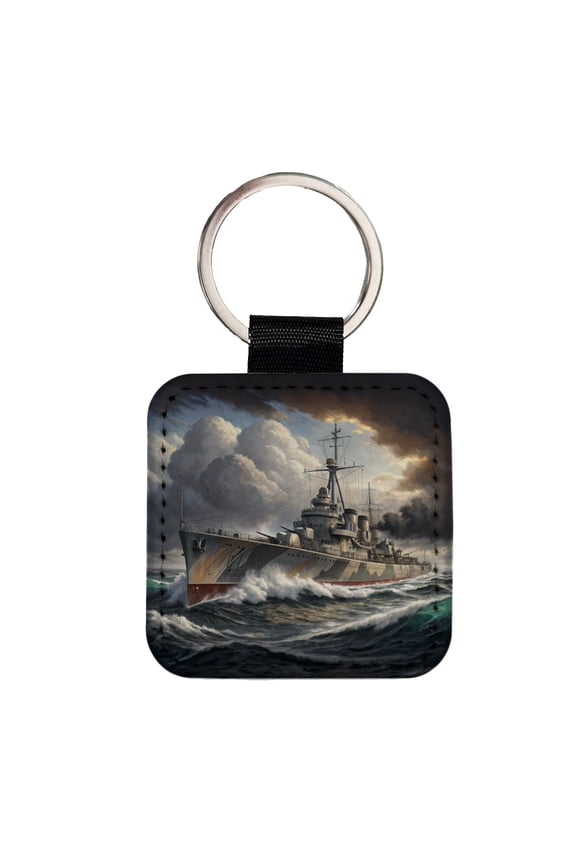 WWII Destroyer at Sea Faux Leather Square Keychain