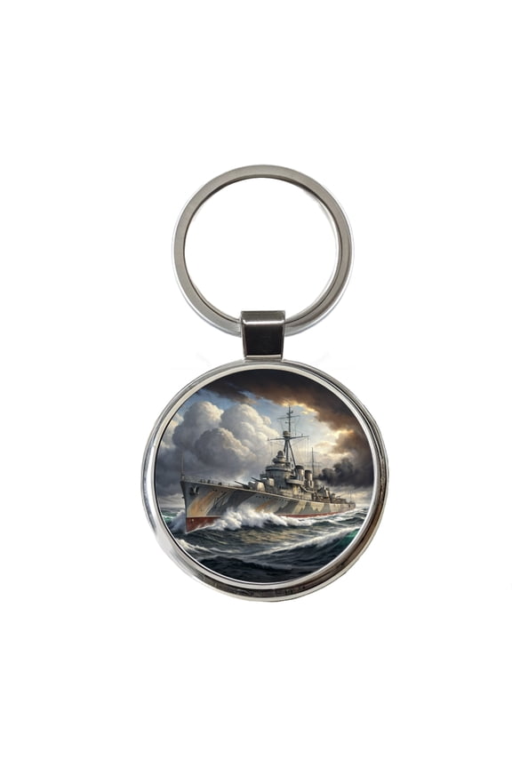 WWII Destroyer at Sea Metal Round Keychain