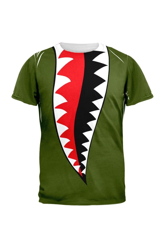 WWII Fighter Plane Jaws All Over Adult T-Shirt - Large