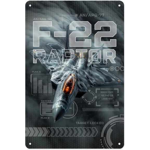 WWII Fighter Plane Metal Tin Sign F-22 Raptor Jet Wall Art Decoration Military Aviation Poster 8x12 in