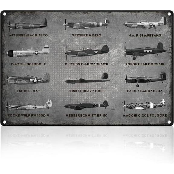 WWII Fighter Planes Metal Tin Sign Wall Decor Airplane Aviation Enthusiast Military Fan Gift for Men Vintage Poster for Home Room Man Cave Bar Wall Decor 8 x 12 Inch