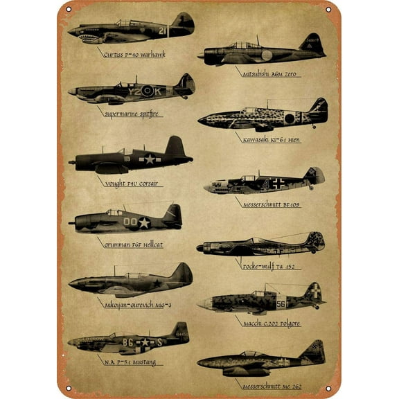 WWII Fighter Planes Metal Tin Sign Wall Decor Man Cave Military Fan Gift Home Bar Pub Decorative Military Posters 12x8 Inch