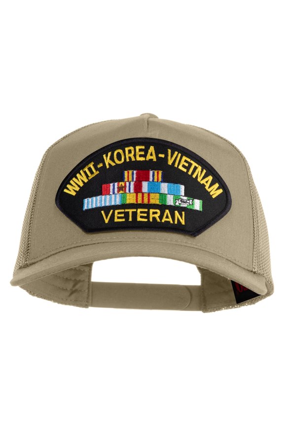 WWII-Korea-Vietnam Veteran Patch Patched Solid Cotton Twill 5 panel Mesh Back Cap - Khaki OSFM