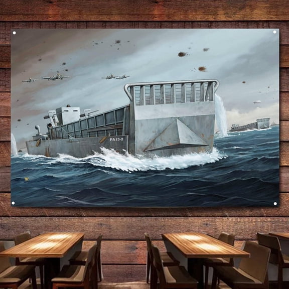 WWII LCM 3 USN Vehicle Landing Craft Battleship Wall Art Banners Flags Wall Chart Warship Art Poster Canvas Print Art Painting Home Decor Tapestry Best Gifts for Military Fans,38X57 inches