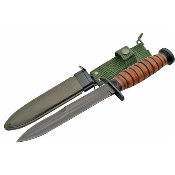 SZCO 12" Classic M3-Style Utility Knife with Stacked Leather Handle & Hard Sheath
