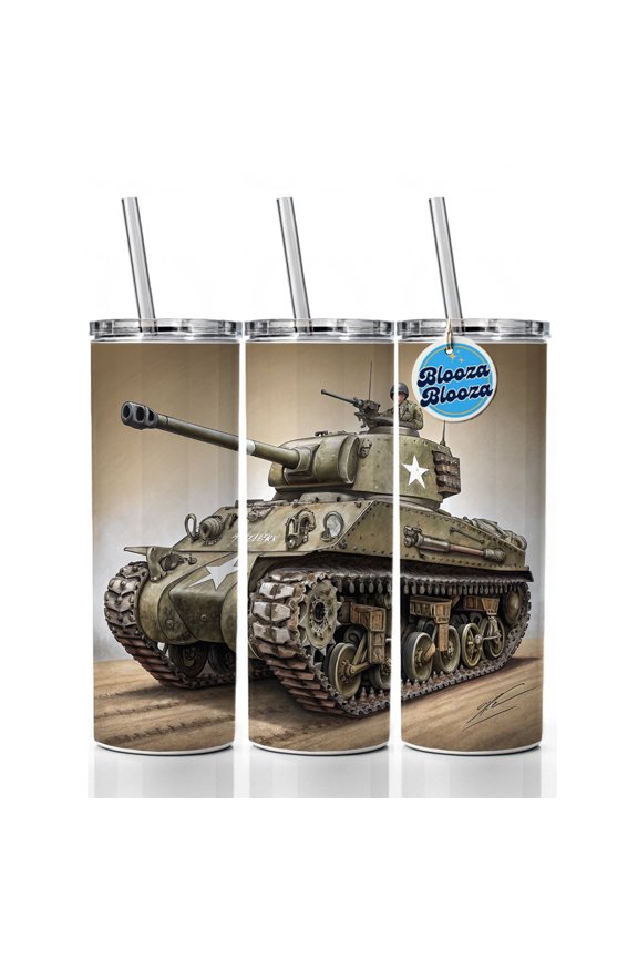 WWII M4 Sherman US Medium Tank 20oz Insulated Water Bottle Skinny Tumbler Includes Straw